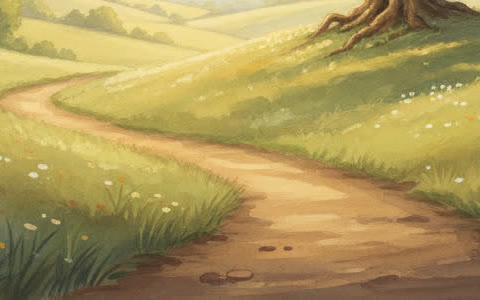 Peinture d'un chemin de campagne entre les prairies, au pied du grand arbre